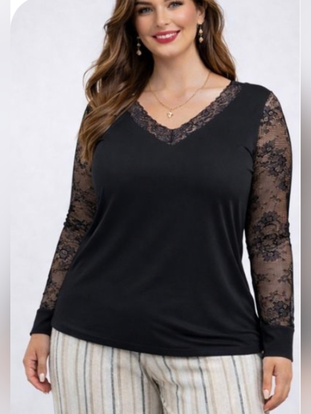 Shein Curve | Elegant Lace Sleeve V-Neck Top | 0XL | NWOT